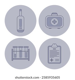 Collection of line icons with various health-related items including thermometer, first aid kit, test tubes, and medical chart