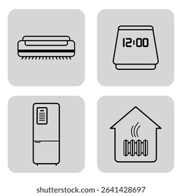Collection of line icons with various home appliances including vacuum cleaner, clock, refrigerator, and heating system. Essential items for daily living in home concept