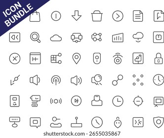 Una Colección de iconos de línea para Web y diseño de interfaz de usuario móvil, con Tecnología, nube, seguridad, análisis, medios, navegación, comunicación y Elementos de interfaz general en un piso moderno