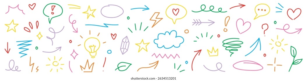 Collection of line marker hand drawn brush arrow element set. Sketch pencil stroke vector graphic pen underline scribble icon. Hand drawn line heart, crown, star symbol highlight marker shape.