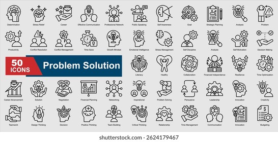 A collection of line Problem Solution icons. Includes decision making, conflict resolution, teamwork, negotiation, leadership, and more. Perfect for illustrations and designs.