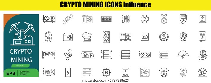 Coleção de linha relacionada à mineração de criptomoeda e tecnologia Contorno de criptomoeda