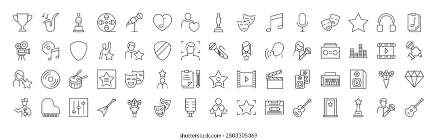 Collection of Line Signs of actor, singer, music and theatre. Suitable for books, stores, shops. Editable stroke in minimalistic outline style. Symbol for design