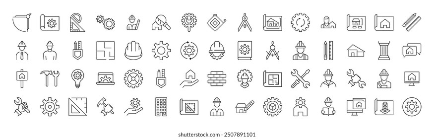 Colección de Señales de Línea de constructor, ingeniero, reparación y renovación. Adecuado para libros, tiendas, tiendas. Trazo editable en estilo de contorno minimalista. Símbolo para el diseño