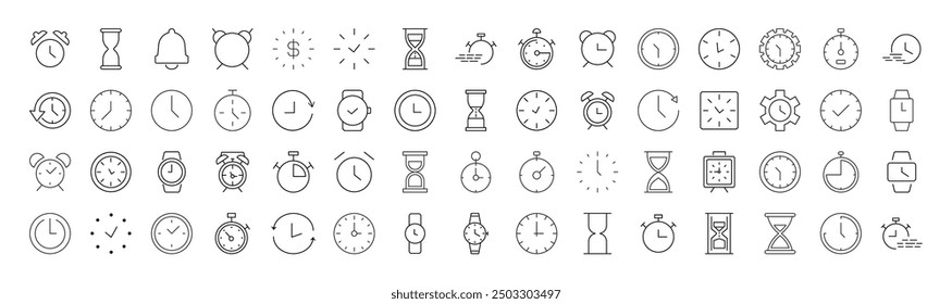 Collection of Line Signs of clock, alarm clock, hourglass. Suitable for books, stores, shops. Editable stroke in minimalistic outline style. Symbol for design 