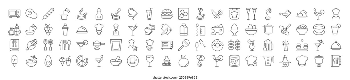 Collection of Line Signs of cooking, food, drinks, kitchen. Suitable for books, stores, shops. Editable stroke in minimalistic outline style. Symbol for design