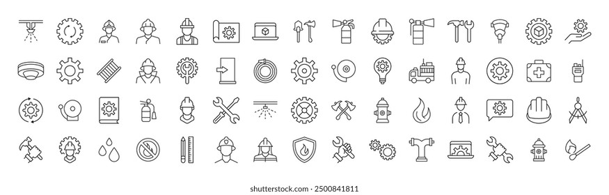 Collection of Line Signs of firefighter, engineer, builder. Suitable for books, stores, shops. Editable stroke in minimalistic outline style. Symbol for design