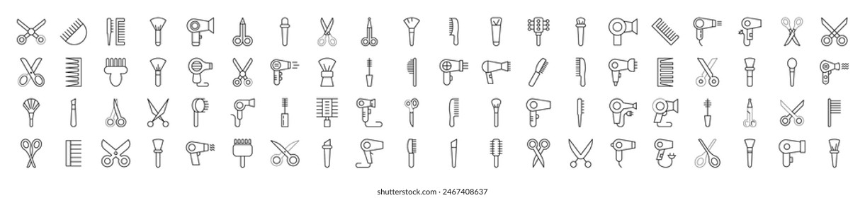 Collection of Line Signs of Hairbrush, Hairdryer, Cosmetic Brush, Scissors. Suitable for books, stores, shops. Editable stroke in minimalistic outline style. Symbol for design 