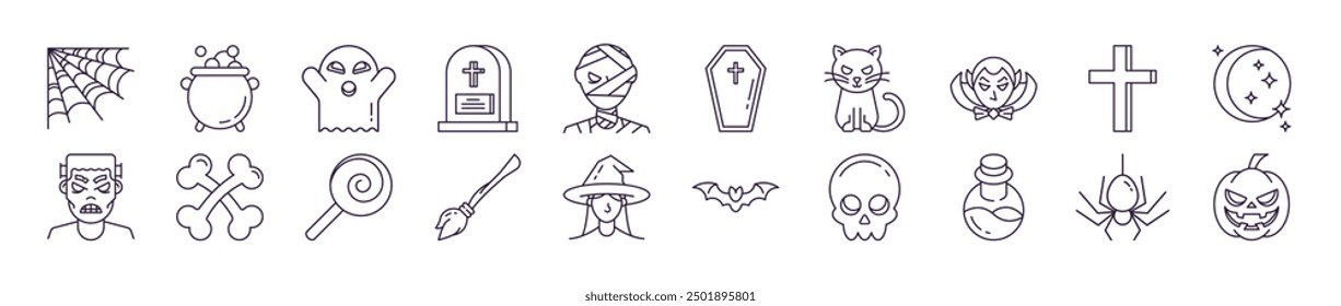 Collection of Line Signs of Halloween. Suitable for books, stores, shops. Editable stroke in minimalistic outline style. Symbol for design