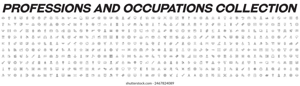 Collection of Line Signs of Occupation and Profession. Suitable for books, stores, shops. Editable stroke in minimalistic outline style. Symbol for design 