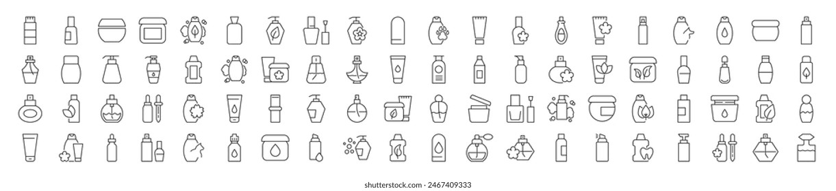 Colección de Línea Señales de perfume, gel de ducha, champú, crema. Adecuado para libros, tiendas, tiendas. Trazo editable en estilo de contorno minimalista. Símbolo de diseño 