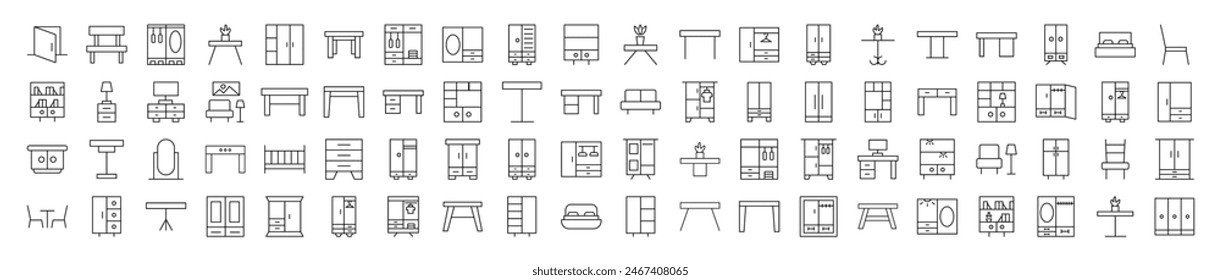 Kollektion von Linienzeichen von Tischen und Schränken. Geeignet für Bücher, Geschäfte, Geschäfte. Bearbeitbarer Strich im minimalistischen Gliederungsstil. Symbol für Design 