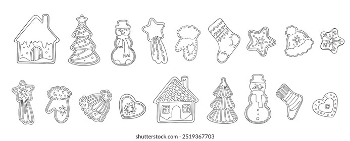 Collection of line sketches of Christmas gingerbread cookies with icing. Vector graphics.