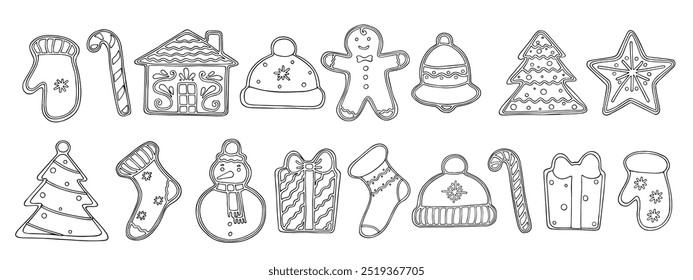 Collection of line sketches of Christmas gingerbread cookies with icing. Vector graphics.