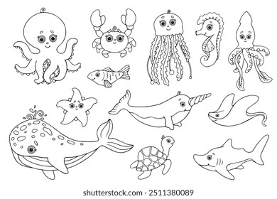 Collection of line sketches, coloring pages of small sea animals, cute characters. Vector graphics.