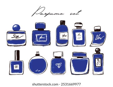 Collection line sketches featuring various perfume and cologne bottles. Hand-drawn vector illustrations elegant fragrance containers, minimalist design, and artistic outlines. Isolated on background