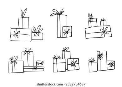 A collection of line sketches, outlines, children's doodles of various gifts in festive packaging with bows and ribbons. Vector graphics.