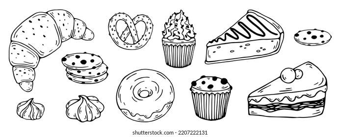 Collection of line sketches of various desserts and pastries.Isolated vector graphic.
