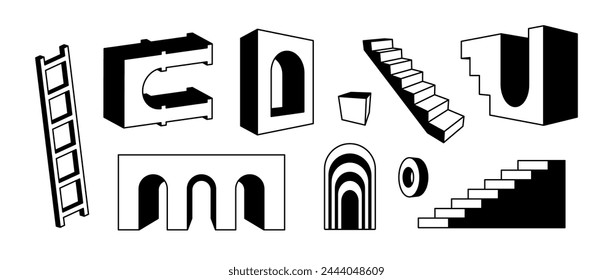 Collection of line stairs and arches in perspective. Outline surreal geometric element set. Bold 3d arc door, ladder, staircase, gate bundle. Trippy shapes for collage, poster, banner, sticker. Vector