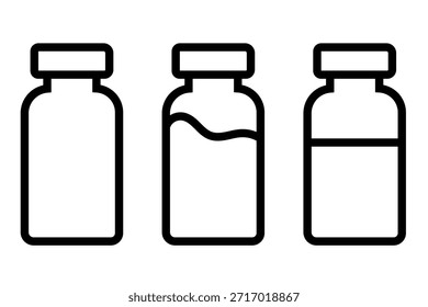 Coleção de ilustrações de vetor de garrafa estilo linha no fundo branco. Ícone do frasco, frasco de remédios.