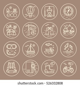 Collection of line style eco tourism icons on grey background. Vector illustration. Can be used for web page, banner, infographics