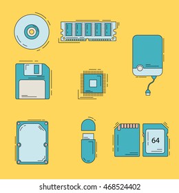 Collection of line style memory storage icons. Physical memory, main memory, flash drive, hard drive.