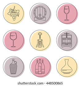 Collection of line style wine-making icons on colorful circles. Vector illustration. Can be used for web page, banner, info graphics