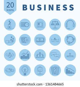 Collection of line vector icons with different symbols of business processes. Set of business icons. Graphic design elements for packaging, apps, website, advertising, poster and brochure