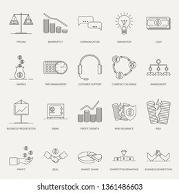 Collection of line vector icons with different symbols of business processes. Set of business icons. Graphic design elements for packaging, apps, website, advertising, poster and brochure