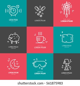 Collection of line vector icons with symbols of sleep problems and insomnia. Healthcare series.