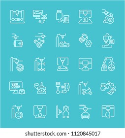 Collection of line white icons of 3d cars printing. Set of vector simple elements with bold outlines on a color background. Info graphics signs and pictograms.