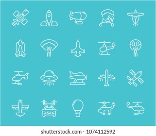 Collection of line white icons of aircraft. Set of vector simple elements with bold outlines on a color background. Info graphics signs and pictograms.