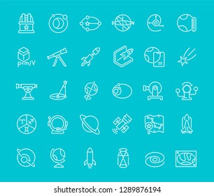 Collection of line white icons of astronomy. Set of vector simple elements with bold outlines on a color background.