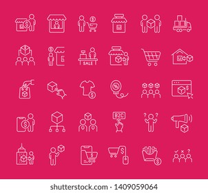 Collection of line white icons of b2c. Set of vector simple elements with bold outlines on a color background. Info graphics signs and pictograms.