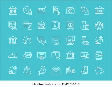 Collection of line white icons of bank. Set of vector simple elements with bold outlines on a color background.