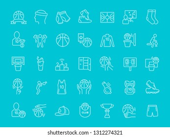 Collection of line white icons of basketball. Set of vector simple elements with bold outlines on a color background. Info graphics signs and pictograms.