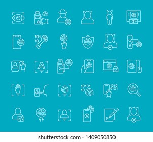 Collection of line white icons of biometrics. Set of vector simple elements with bold outlines on a color background. Info graphics signs and pictograms.