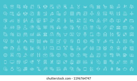 Collection Of Line White Icons Of Business And Finance. Set Of Vector Simple Elements With Bold Outlines On A Color Background. Info Graphics Signs And Pictograms.