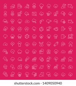 Collection of line white icons of cloud services. Set of vector simple elements with bold outlines on a color background. Info graphics signs and pictograms.