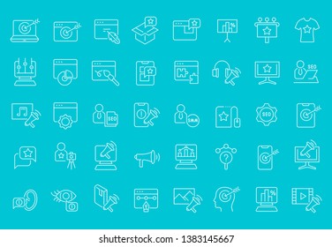 Collection of line white icons of content marketing. Set of vector simple elements with bold outlines on a color background. Info graphics signs and pictograms.