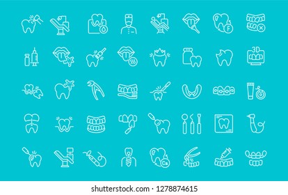 Collection of line white icons of dentistry. Set of vector simple elements with bold outlines on a color background.