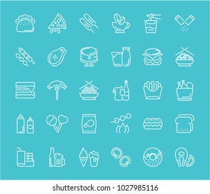 Collection of line white icons of fast food. Set of vector simple elements with bold outlines on a color background. Info graphics signs and pictograms.