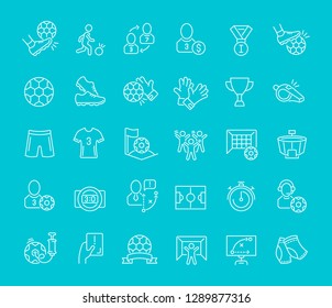 Collection of line white icons of football. Set of vector simple elements with bold outlines on a color background. Info graphics signs and pictograms.