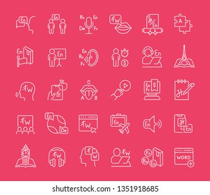 Collection of line white icons of foreign language. Set of vector simple elements with bold outlines on a color background.