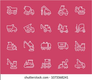 Collection of line white icons of heavy equipment. Set of vector simple elements with bold outlines on a color background. Info graphics signs and pictograms.