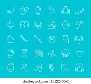 Collection of line white icons of hockey. Set of vector simple elements with bold outlines on a color background. 