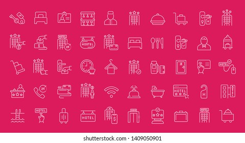 Collection of line white icons of hotel business. Set of vector simple elements with bold outlines on a color background. Info graphics signs and pictograms.