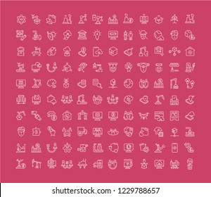 Collection of line white icons of industrial 4.0. Set of vector simple elements with bold outlines on a color background.
