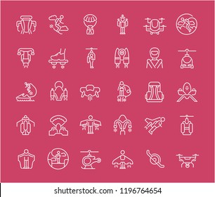 Collection of line white icons of jetpack. Set of vector simple elements with bold outlines on a color background.