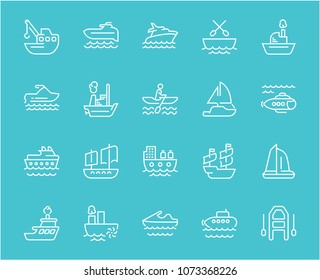 Collection of line white icons of maritime transport. Set of vector simple elements with bold outlines on a color background. Info graphics signs and pictograms.